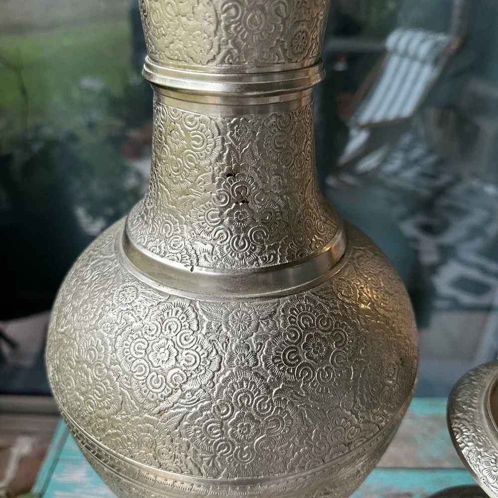 VTG Ornate Vases India Persian Middle‎ East Nickel Brass 14-24 Inch Two Item Set